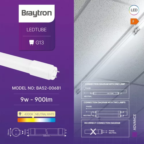 BRY-ADVANCE-9W-G13-DB-T8-GLS-4000K-LED TUBE