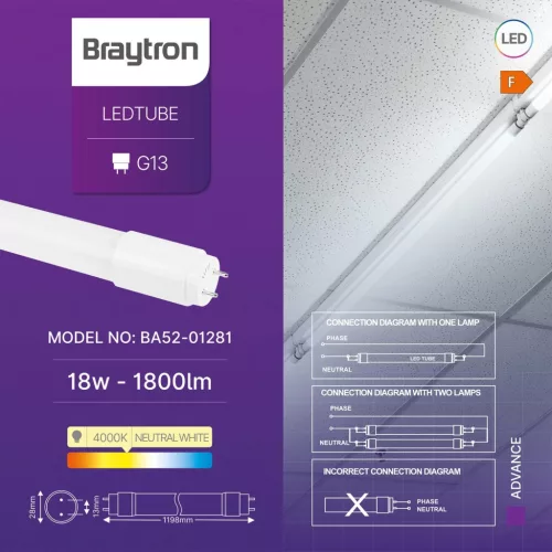 BRY-ADVANCE-18W-G13-DB-T8-GLS-4000K-LED TUBE