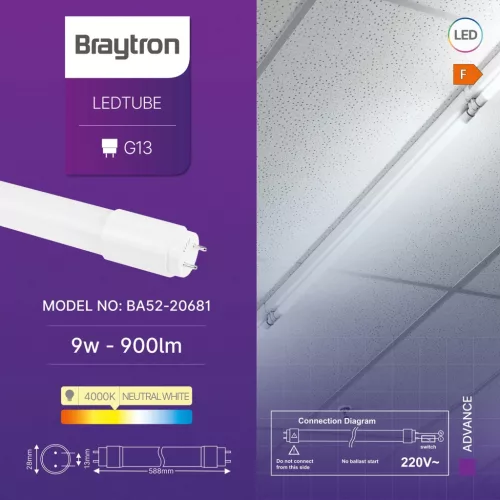 BRY-ADVANCE-9W-G13-SG-T8-GLS-4000K-LED TUBE