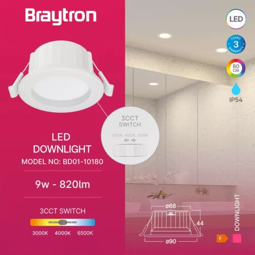 BRY-DOWNLIGHT D90-9W-RND-WHT-3IN1-IP54-LED DOWNLIG