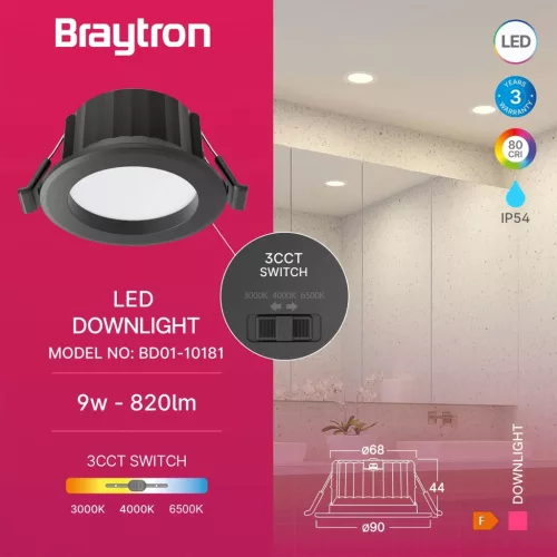 BRY-DOWNLIGHT D90-9W-RND-BLC-3IN1-IP54-LED DOWNLIG