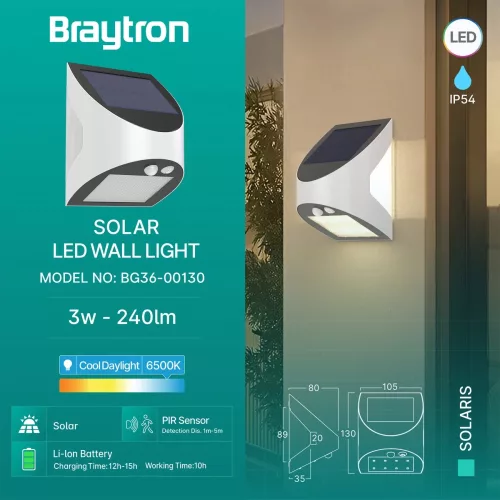 BRY-SOLARIS-W1-WHT-3W-6500K-IP54-SOLAR WALL LIGHT