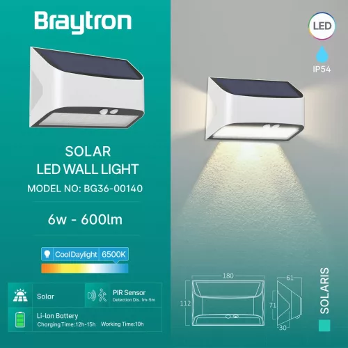 BRY-SOLARIS-W1B-WHT-6W-6500K-IP54-SOLAR WALL LIGHT