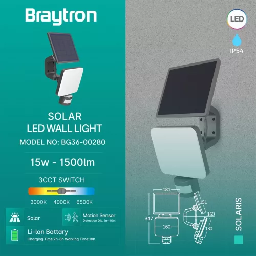 BRY-SOLARIS-W2-BLC-15W-3IN1-IP54-SOLAR WALL LIGHT