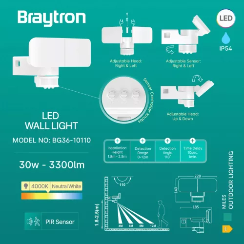 BRY-MILES-W2-WHT-30W-4000K-IP54-WALL LIGHT