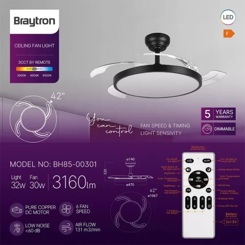 BRY-FANCY-42"-32+30W-3IN1-RMT-BLC-IP20-CEILING FAN