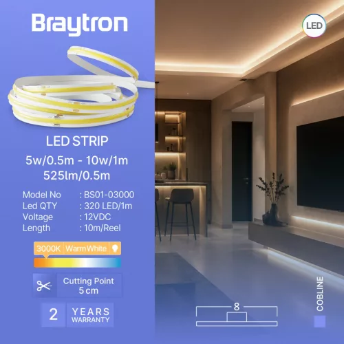 BRY-COBLINE-10W-320D-COB-3000K-12V-IP20-LED STRIP