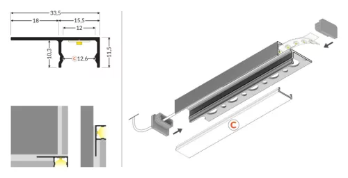 LED profile UNI-TILE12 180deg C PLUS 4050 black anod. /plastic bag