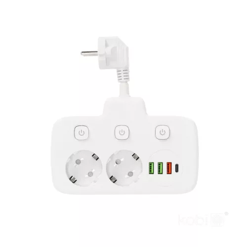 Extension cord KOBI LINEA PRO FL 2 sockets+3USB/1USB-C/0,2m white Kobi