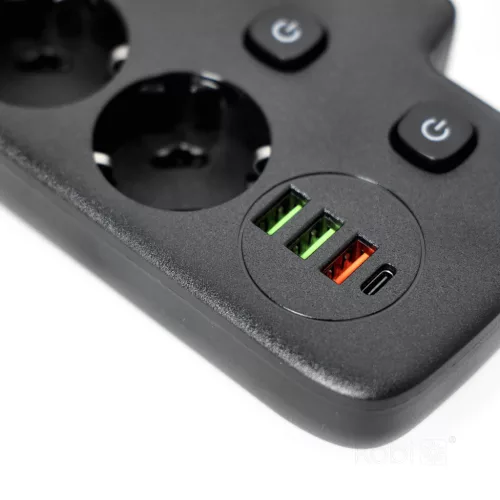 Extension cord KOBI LINEA PRO FL 2 sockets+3USB/1USB-C/0,2m black Kobi