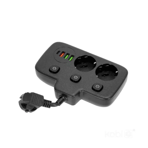 Extension cord KOBI LINEA PRO FL 2 sockets+3USB/1USB-C/0,2m black Kobi
