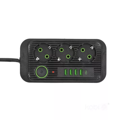 Extension cord KOBI LINEA PRO 3 sockets+4USB/1USB-C/3m/Zu+W black Kobi