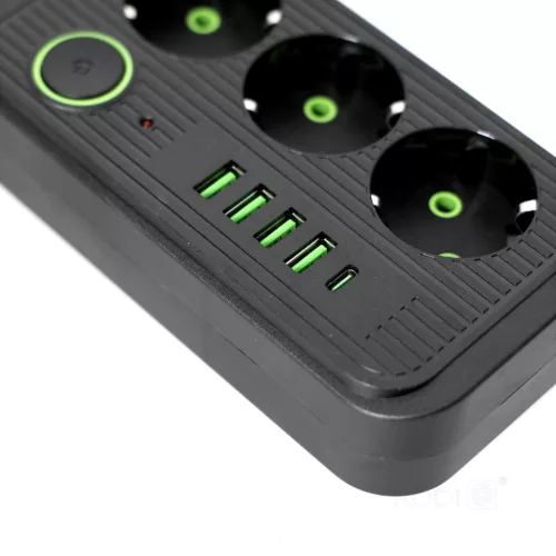 Extension cord KOBI LINEA PRO 3gn+4USB/1USB-C/5m/Zu+W black Kobi