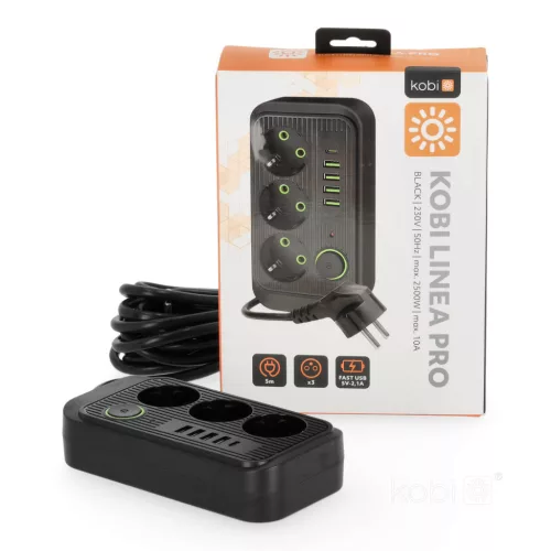 Extension cord KOBI LINEA PRO 3gn+4USB/1USB-C/5m/Zu+W black Kobi