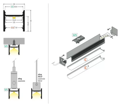 TOPMET LED-profil LEVEL12 C/U1 2000 mm eloxált fekete
