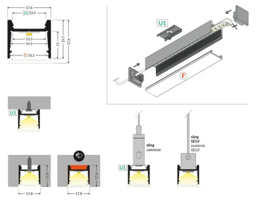 TOPMET LED-profil HOOD14 F/U1 2000 mm eloxált fekete