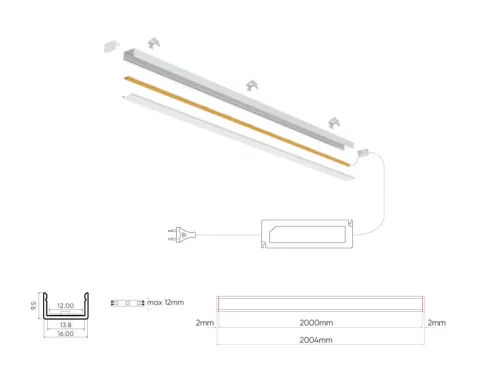 LED line PRIME felületre szerelhető LED profil szett fekete - opál fedlappal, rögzítőkkel és végzárókkal