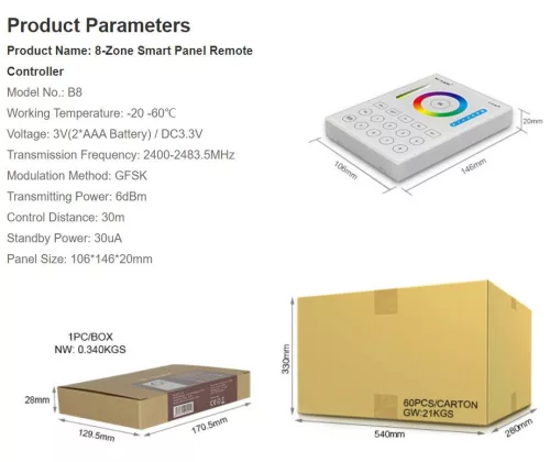 MiLight B8 8 zónás RGB+CCT smart vezérlő (3263)