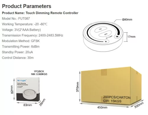 MiLight FUT087 fali érintő dimmer elemes (3272)