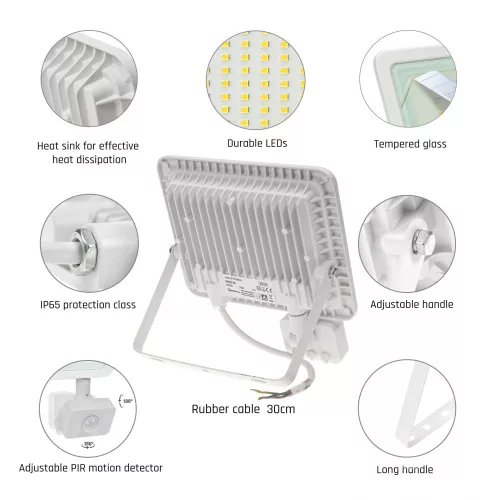 NOCTIS LUX 2 mozgásérzékelős LED-reflektor, 100°, IP44, 50 W, Hideg fehér, fehér