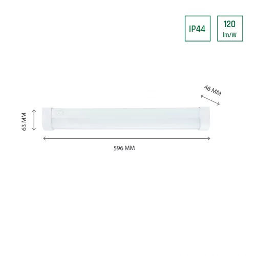 AQUATICA 15W NW 230V 150DEG IP44 596X46X63 WHITE ROUND ENDS, SWITCH