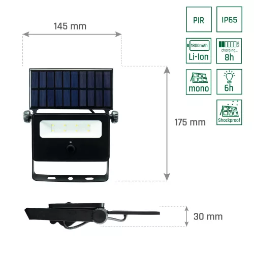 NOCTIS SOLARIS MINI FLOODLIGHT 2W CW 110DEG IP65 175X145X30MM BLACK