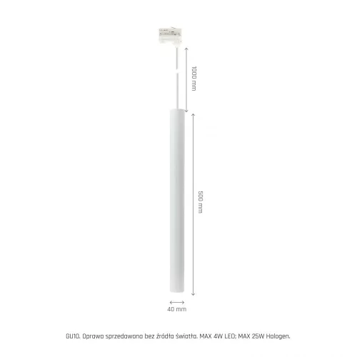 CHLOE SLIM GU11/MR11 SUSPENDED FOR TRACK 3F 250V IP20 40X500+1M WIRE, WHITE, ADJUSTABLE BEAM ANGLE