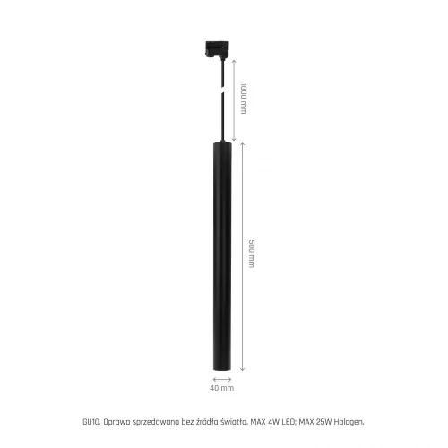 CHLOE SLIM GU11/MR11 SUSPENDED FOR TRACK 3F 250V IP20 40X500+1M WIRE, BLACK, ADJUSTABLE BEAM ANGLE