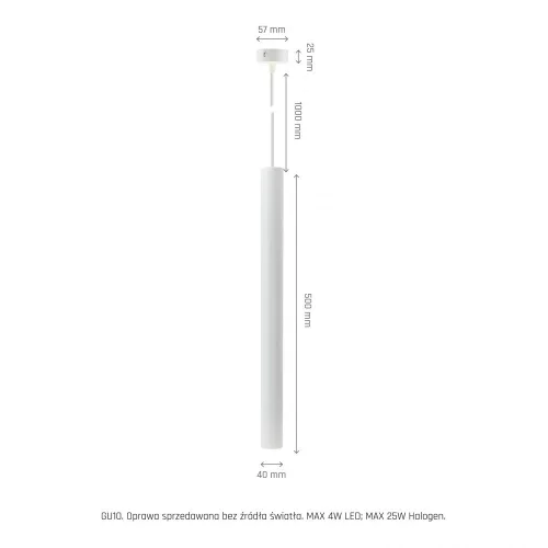 CHLOE SLIM GU11/MR11 SUSPENDED BASE 250V IP20 40X500+1M WIRE, WHITE,  ADJUSTABLE BEAM ANGLE