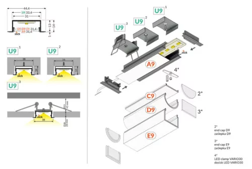 TOPMET LED-profil VARIO30-06 ACDE-9/U9 2000 mm natúr