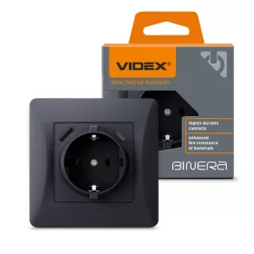   Single schuko socket with USB-A+USB-C black graphite VIDEX BINERA