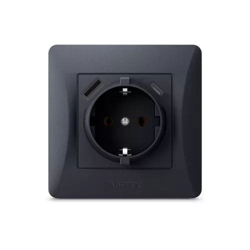 Single schuko socket with USB-A+USB-C black graphite VIDEX BINERA