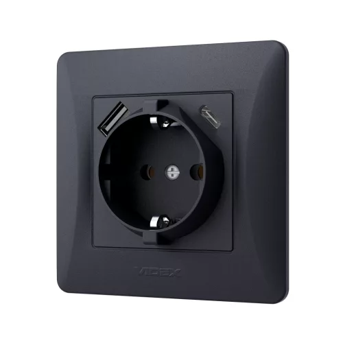 Single schuko socket with USB-A+USB-C black graphite VIDEX BINERA