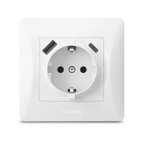 Single schuko socket with USB-A+USB-C white VIDEX BINERA