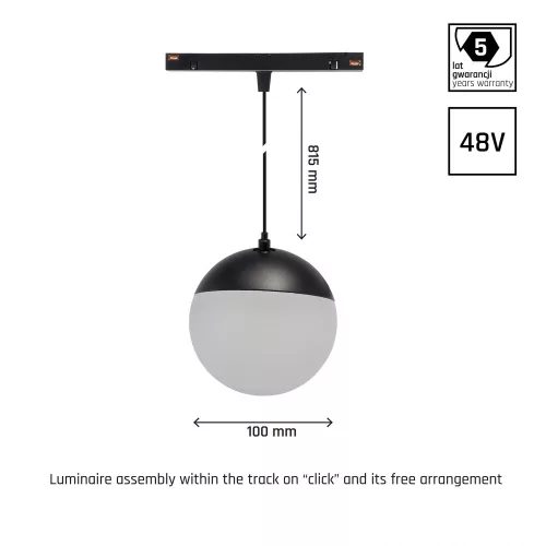 SYSTEM SHIFT - GLOBE P SUSPENDED SPHERE TRACK LIGHT 100MM (850MM CABLE) 5W 165DEG BLACK 5Y WARRANTY
