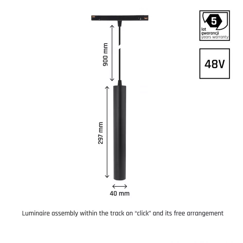 SYSTEM SHIFT - HANGIT SUSPENDED TRACK LIGHT 40X297 (935MM CABLE) 12W 25DEG BLACK 5Y WARRANTY