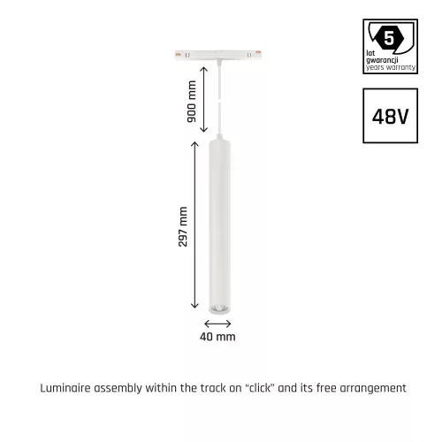 SYSTEM SHIFT - HANGIT SUSPENDED SPHERE TRACK LIGHT 40X297 (935MM CABLE) 12W 25DEG WHITE 5Y WARRANTY