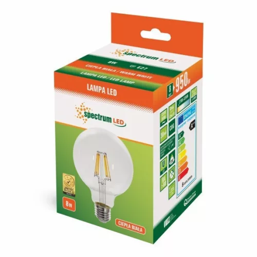 LED GLOB G125  E-27 230V 8W COG WW CLEAR SPECTRUM